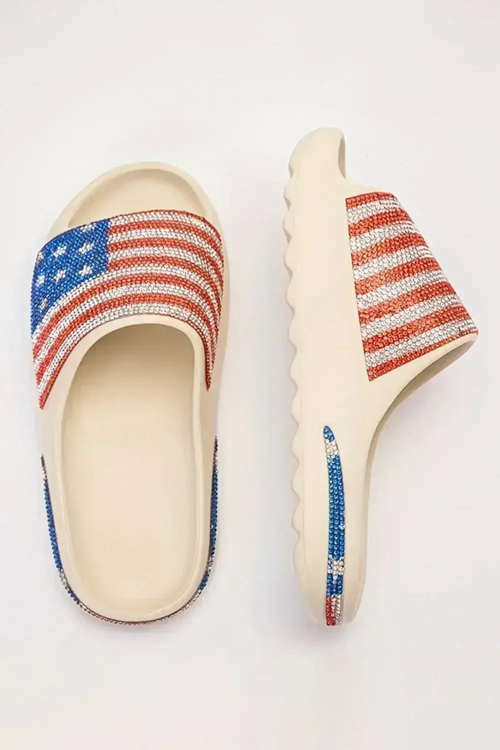 White Rhinestone American Flag Thick Sole Slides Shoes - Femstylo