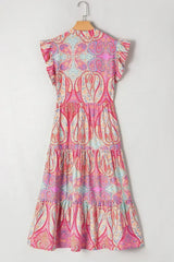 Rose Ethnic Paisley Print Ruffle Sleeve Notch Neck Midi Dress - Femstylo