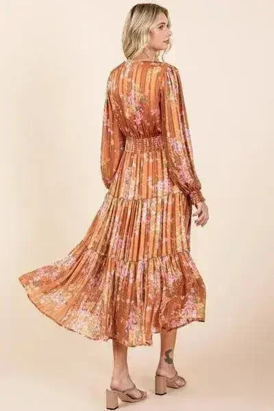 Mittoshop Flower Print Satin Lurex Stripe Smocked Midi Dress - Femstylo