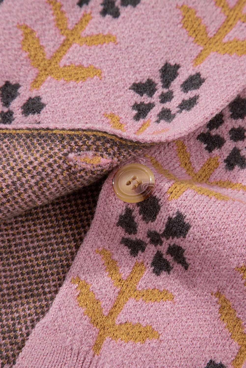 Pink Floral Button Down Ribbed Trim Knit Cardigan
