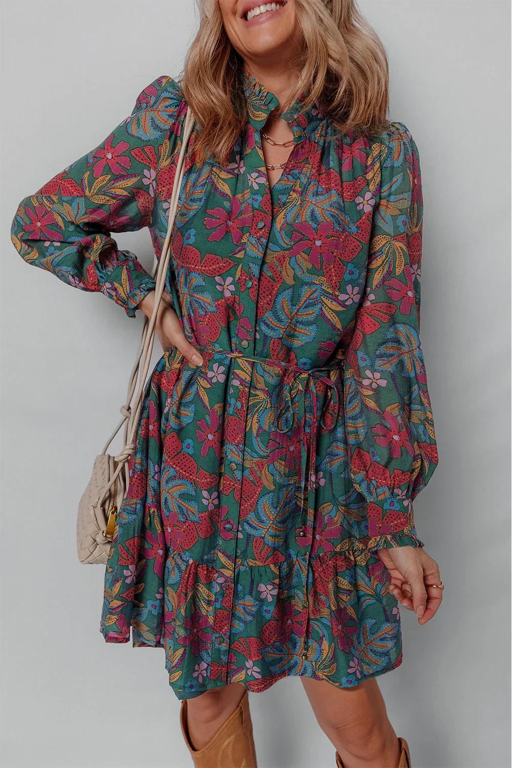 Green Floral Frill V Neck Puff Sleeve Ruffle Mini Dress