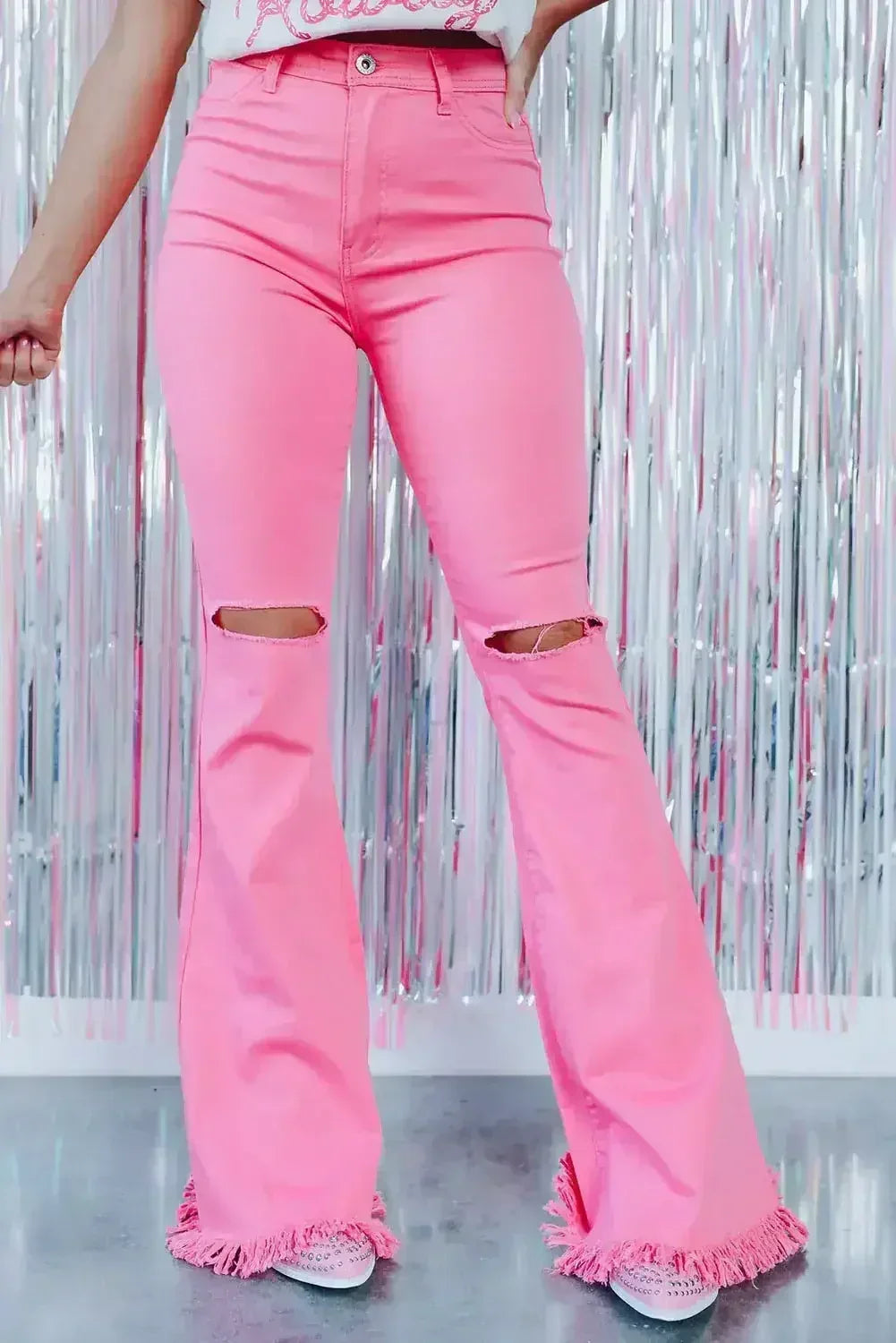 Pink Vintage High Waist Flare Leg Ripped Raw Hem Jeans - Femstylo