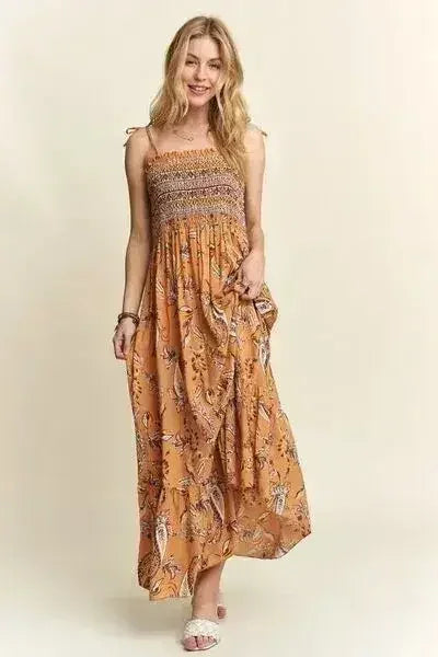 ADORA Smocked Printed Square Neck Tie Shoulder Cami Dress - Femstylo