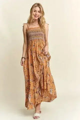 ADORA Smocked Printed Square Neck Tie Shoulder Cami Dress - Femstylo