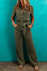 Moss Green Half Button Belted Utility Short Sleeve Jumpsuit - Femstylo