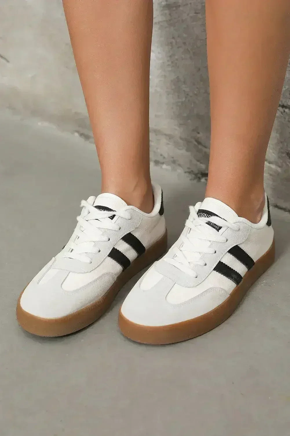 White Striped Lace Up Flat Sneakers - Femstylo