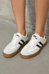 White Striped Lace Up Flat Sneakers - Femstylo