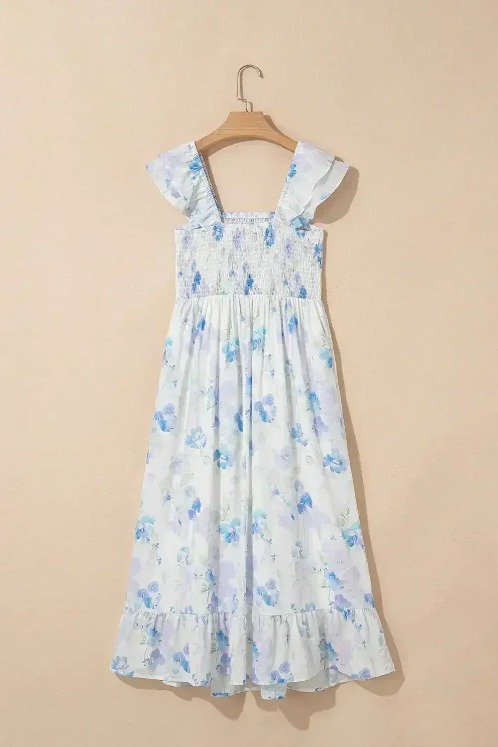 Sky Blue Floral Smocked High Waist Ruffle Sleeveless Long Dress - Femstylo