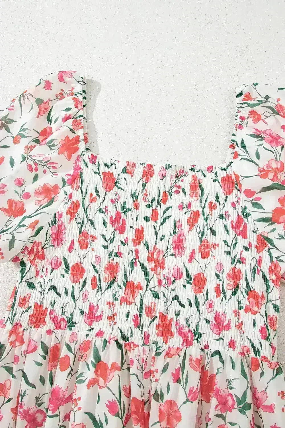 Pink Floral Puff Sleeve Square Neck Empire Waist Tiered Maxi Dress - Femstylo