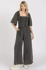 Mittoshop Mineral Wash Wide Leg Jumpsuit - Gauze Ruched Style - Femstylo