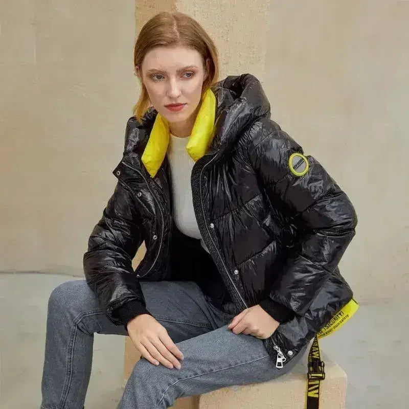 Short women winter coat parkas warm hooded shiny jacket coat Ladies - Femstylo