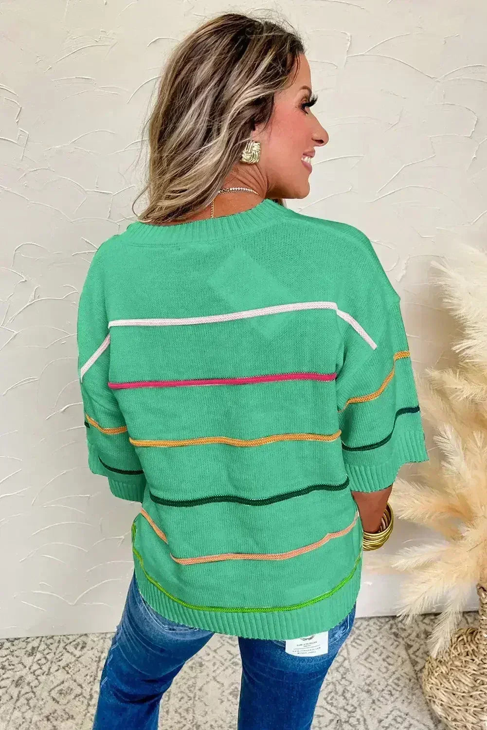 White Striped Half Sleeve Drop Shoulder Sweater - Femstylo