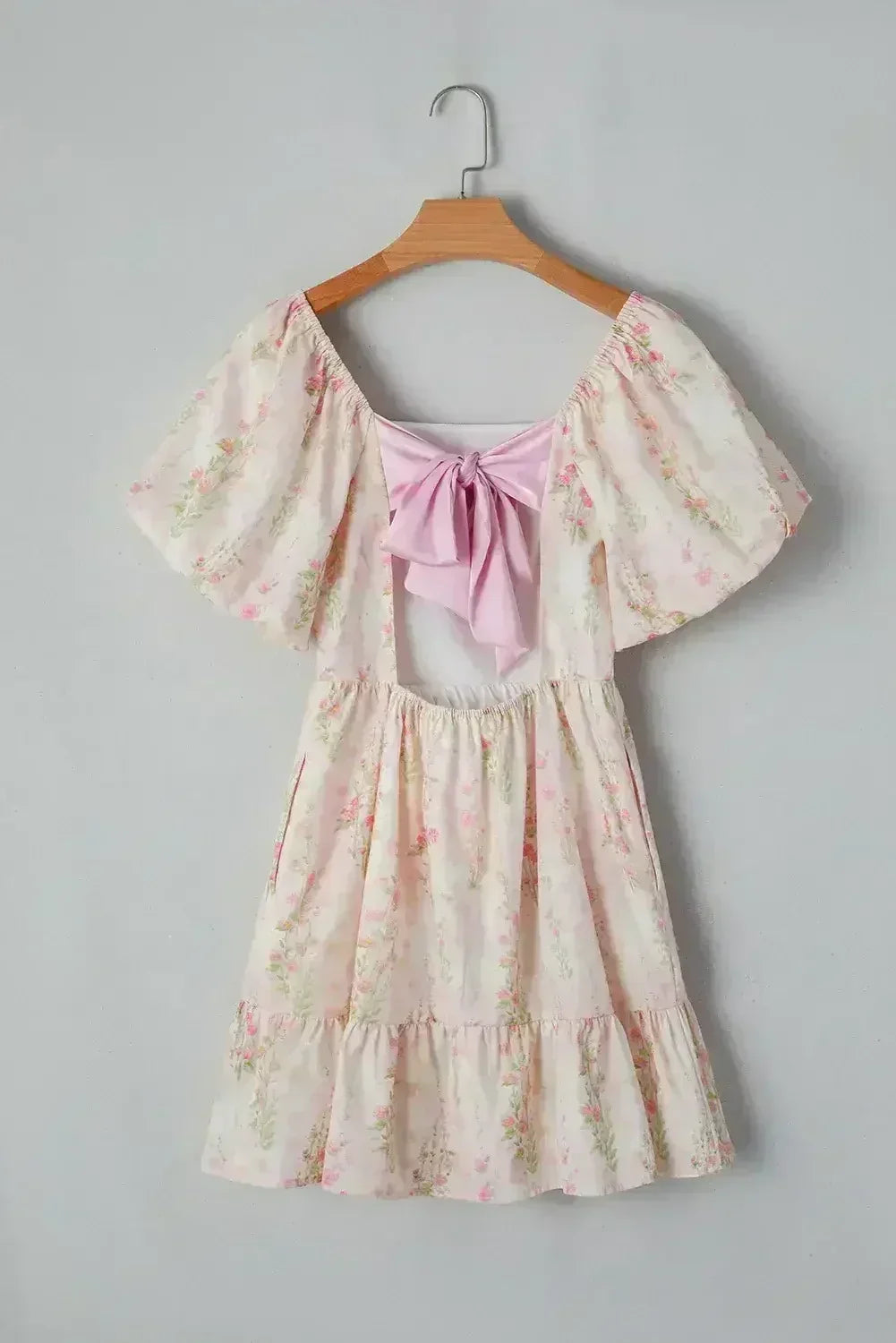 Pink Floral Puff Sleeve Square Neck Knotted Backless Ruffle Mini Dress - Femstylo