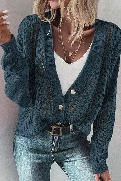 Dark Khaki Cardigan – Open Knit Drop Shoulder Sweater | Cotton-Acrylic Blend - Femstylo