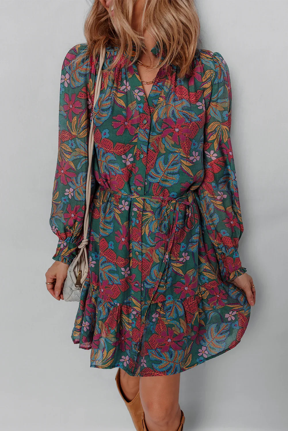 Green Floral Frill V Neck Puff Sleeve Ruffle Mini Dress