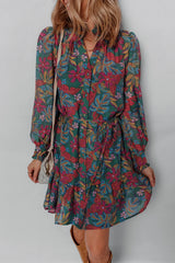 Green Floral Frill V Neck Puff Sleeve Ruffle Mini Dress