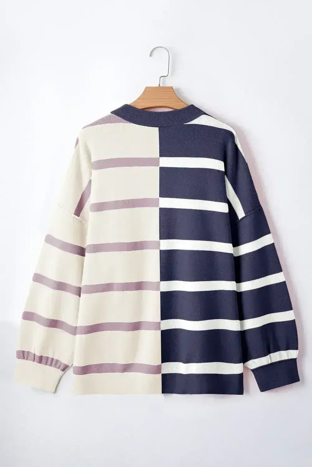 Pink Striped Patchwork Drop Shoulder Sweater - Femstylo