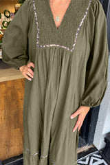 Green Collared V Neck Smocked Detail Contrast Leopard Trim Long Dress