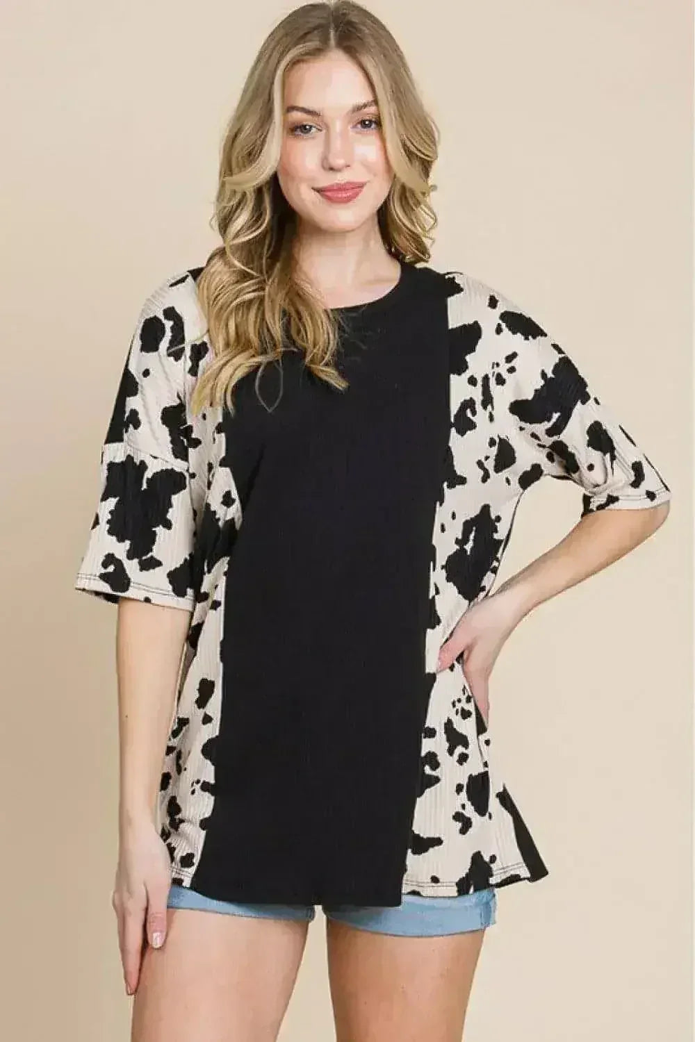 Animal Contrast Ribbed Tee - Edgy Women's Top | Femstylo - Femstylo