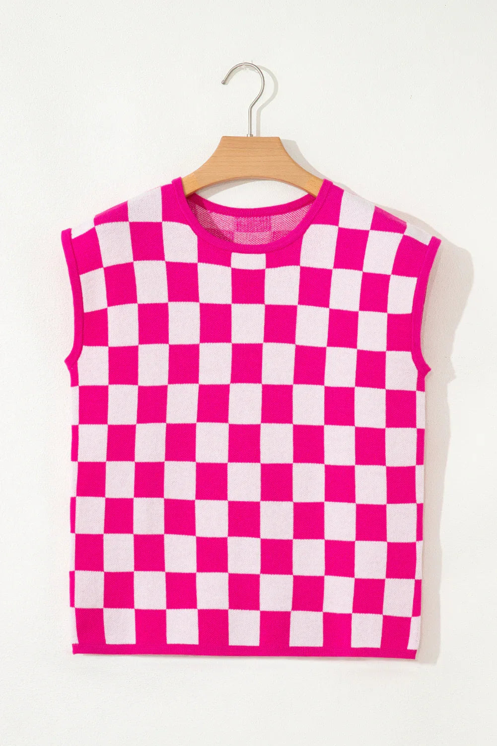 Rose Checkered Pattern Cap Sleeve Knitted Top