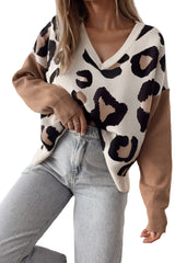 Jet Stream Leopard Print Colorblock Patchwork Sleeve V Neck Sweater