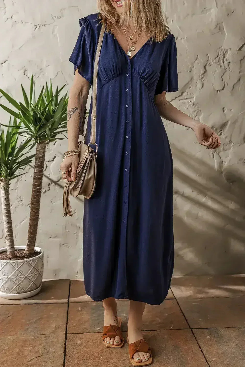 Navy Blue V Neck Buttoned Front Shirred Back Short Sleeve Midi Dress - Femstylo