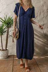 Navy Blue V Neck Buttoned Front Shirred Back Short Sleeve Midi Dress - Femstylo