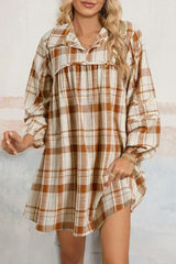 Brown Plaid Print Side Pockets Frill Babydoll Mini Dress - Femstylo