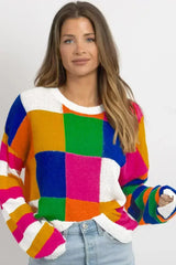 Orange Checkered Color Block Round Neck Loose Sweater - Femstylo