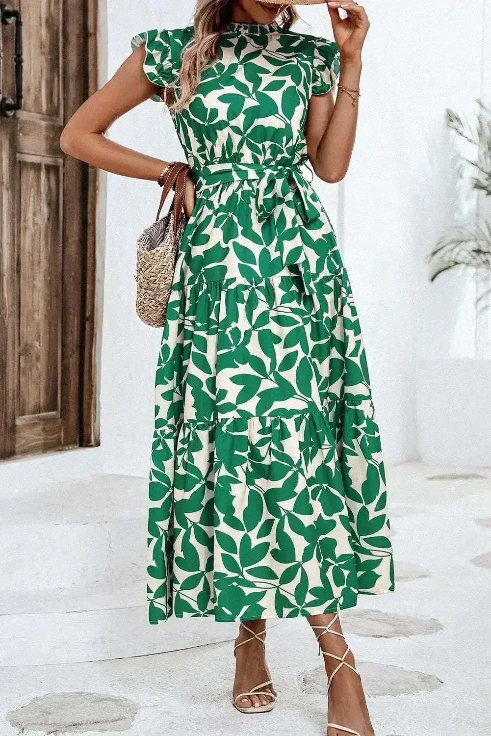 Green Leaf Print Ruffle Mock Neck High Waist Sleeveless Dress - Femstylo