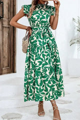 Green Leaf Print Ruffle Mock Neck High Waist Sleeveless Dress - Femstylo
