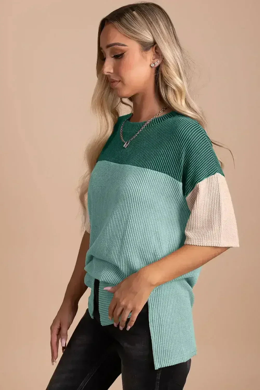 Black Color Block Ribbed Side Slits Half Sleeve Top - Femstylo