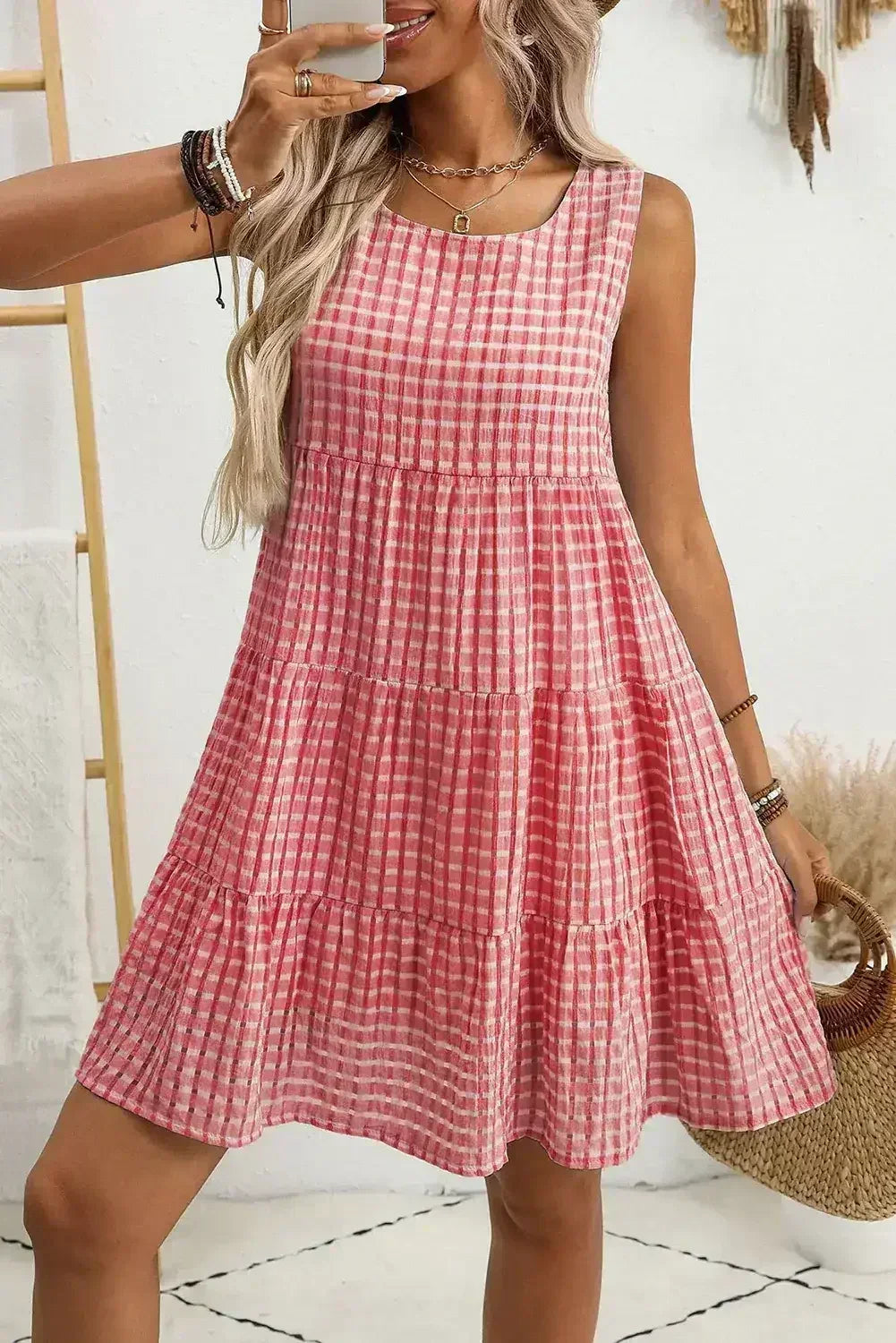 Light Blue Gingham High Waist Sleeveless Mini Dress - Femstylo