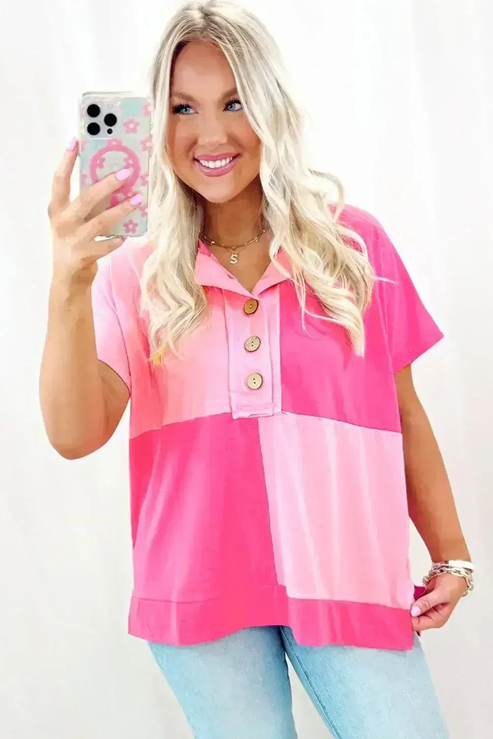 Mint Green Colorblock Half Buttons Henley T Shirt - Femstylo