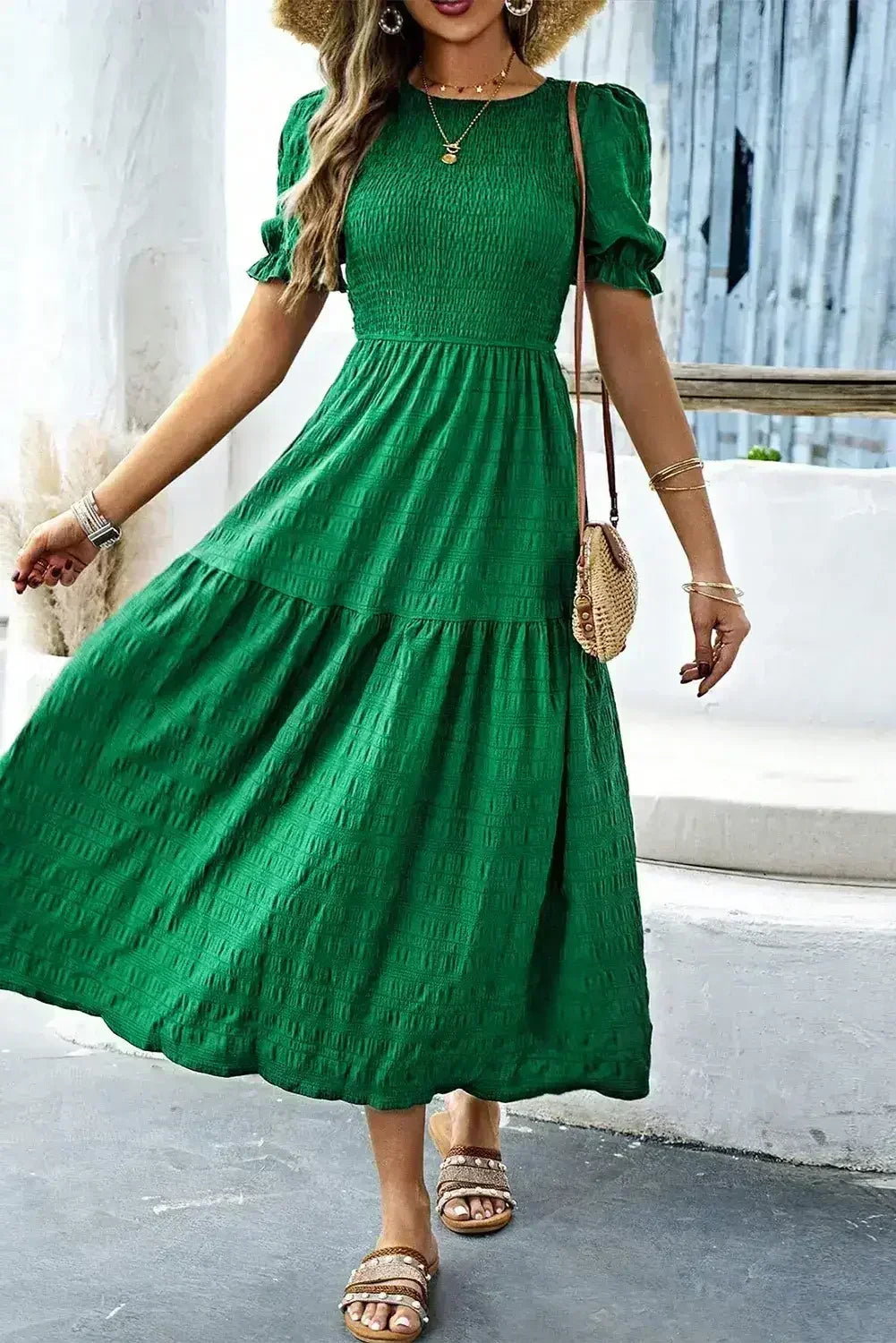 Sail Blue Solid Textured Smocked High Waist Midi Dress - Femstylo