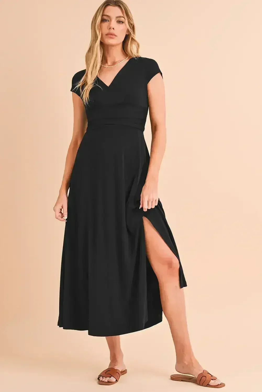 Black Deep V Neck Ruched High Waist Midi Dress - Femstylo