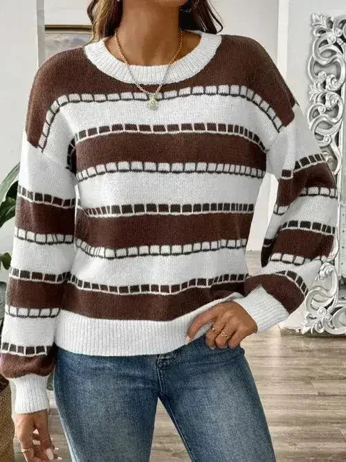 Striped Round Neck Long Sleeve Sweater - Femstylo