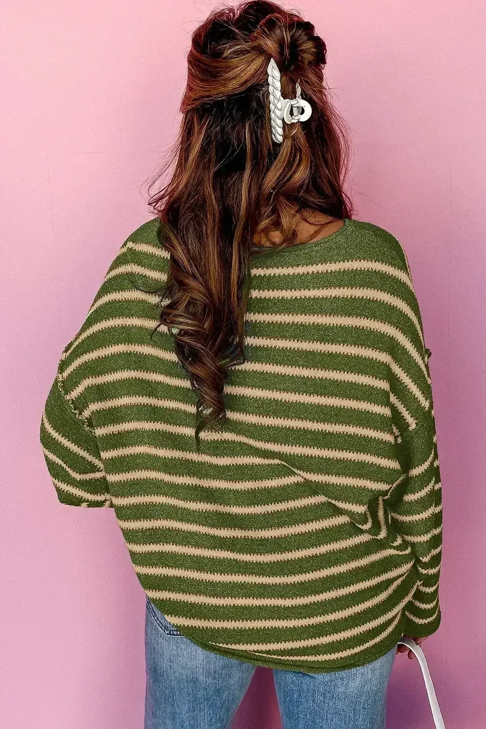 Brown Stripe Casual Round Neck Drop Shoulder Sweater - Femstylo