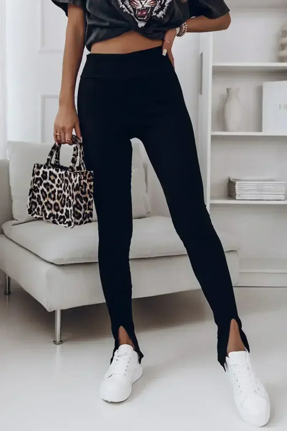 Black Casual Slit Rib Knit High Waisted Leggings - Femstylo