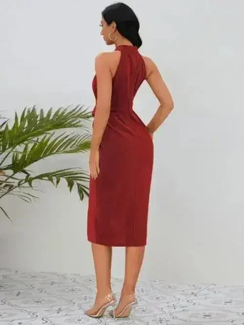 Slit Ruched Mock Neck Sleeveless Dress - Femstylo