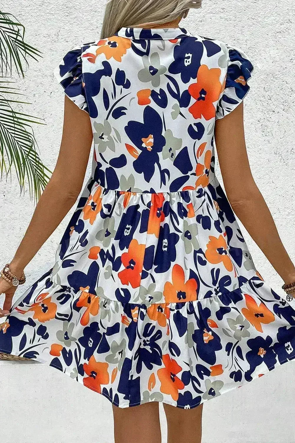 Rose Floral Print Notched Neck Flutter Sleeve Mini Dress - Femstylo