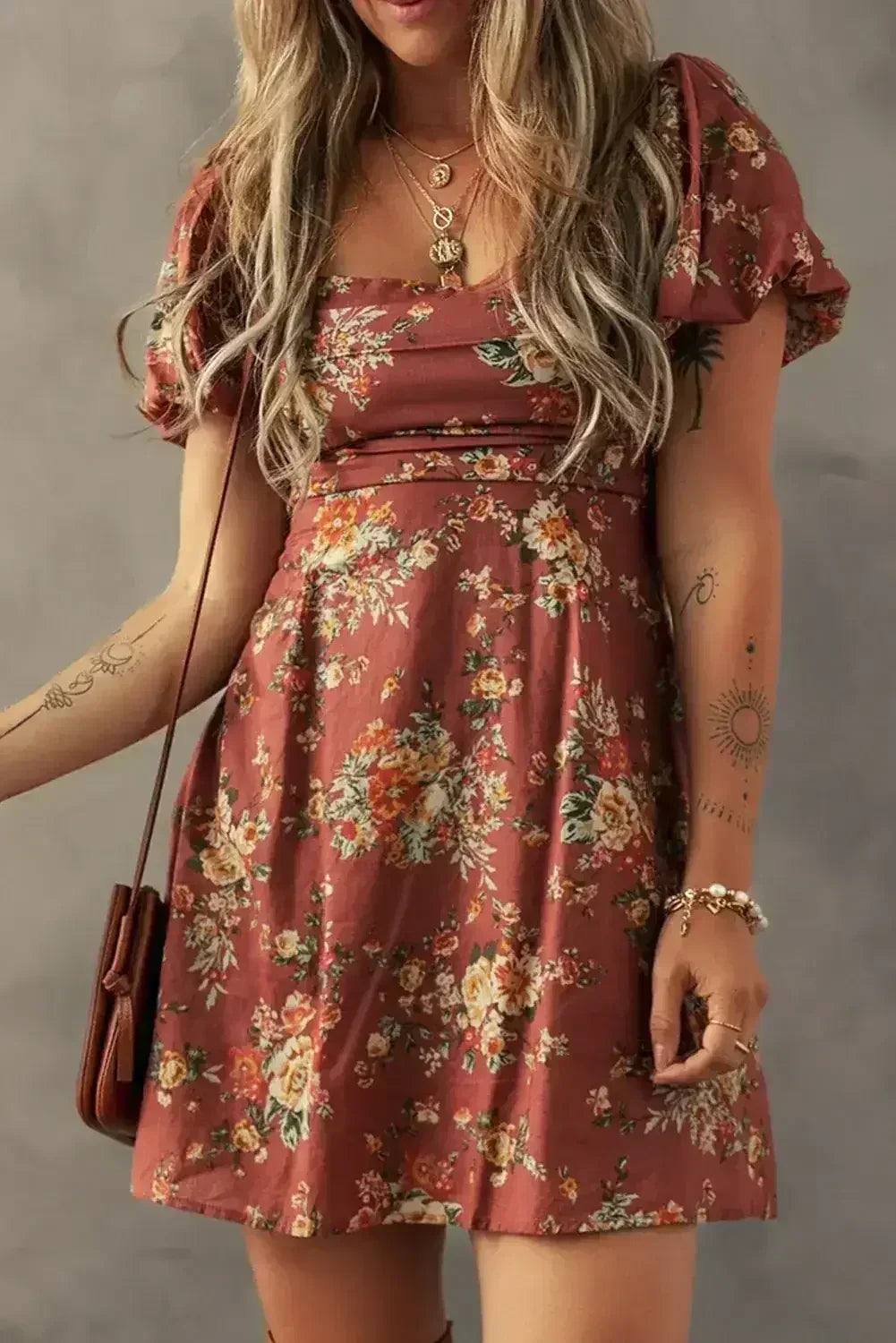 Red Floral Puff Sleeve Square Neck Knot Open Back Mini Dress - Femstylo
