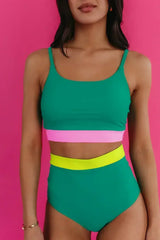 Sea Green Contrast Trim Colorblock High-Waisted Bikini Swimwear - Femstylo