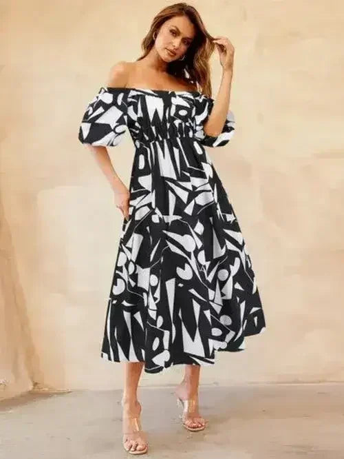 Printed Off-Shoulder Balloon Sleeve Dress - Femstylo