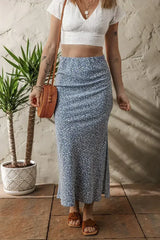 Sky Blue Boho Floral High Waist Side Split Long Skirt - Femstylo