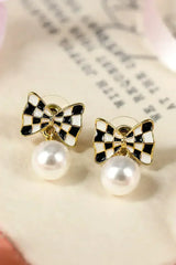 Black Checkered Bow Pearl Drop Earrings - Femstylo