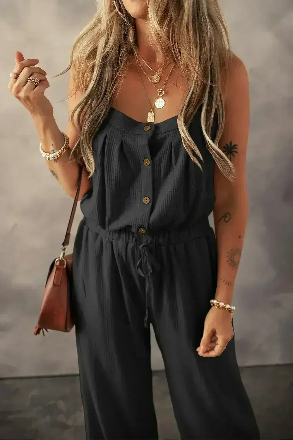 Moss Green Knotted Straps Button Textured Drawstring Jumpsuit - Femstylo