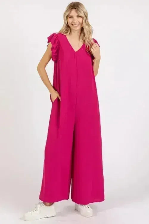Mittoshop V-Neck Ruffled Cap Sleeve Jumpsuit - Wide Leg Design - Femstylo