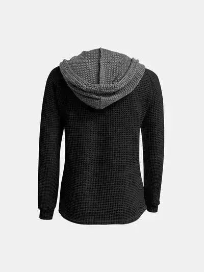 Full Size Waffle-Knit Contrast Long Sleeve Hoodie - Femstylo