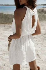 White Lace Sleeveless Knot Hollow Out Back Tied Waist Mini Dress - Femstylo